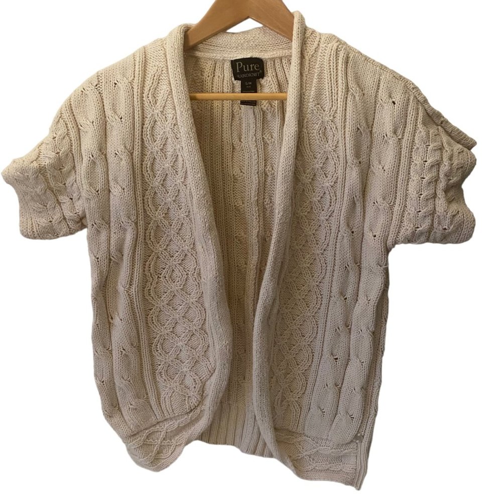 Pure handknit short sleeve‎ beige cardigan shrug cableknit sweater women S/M